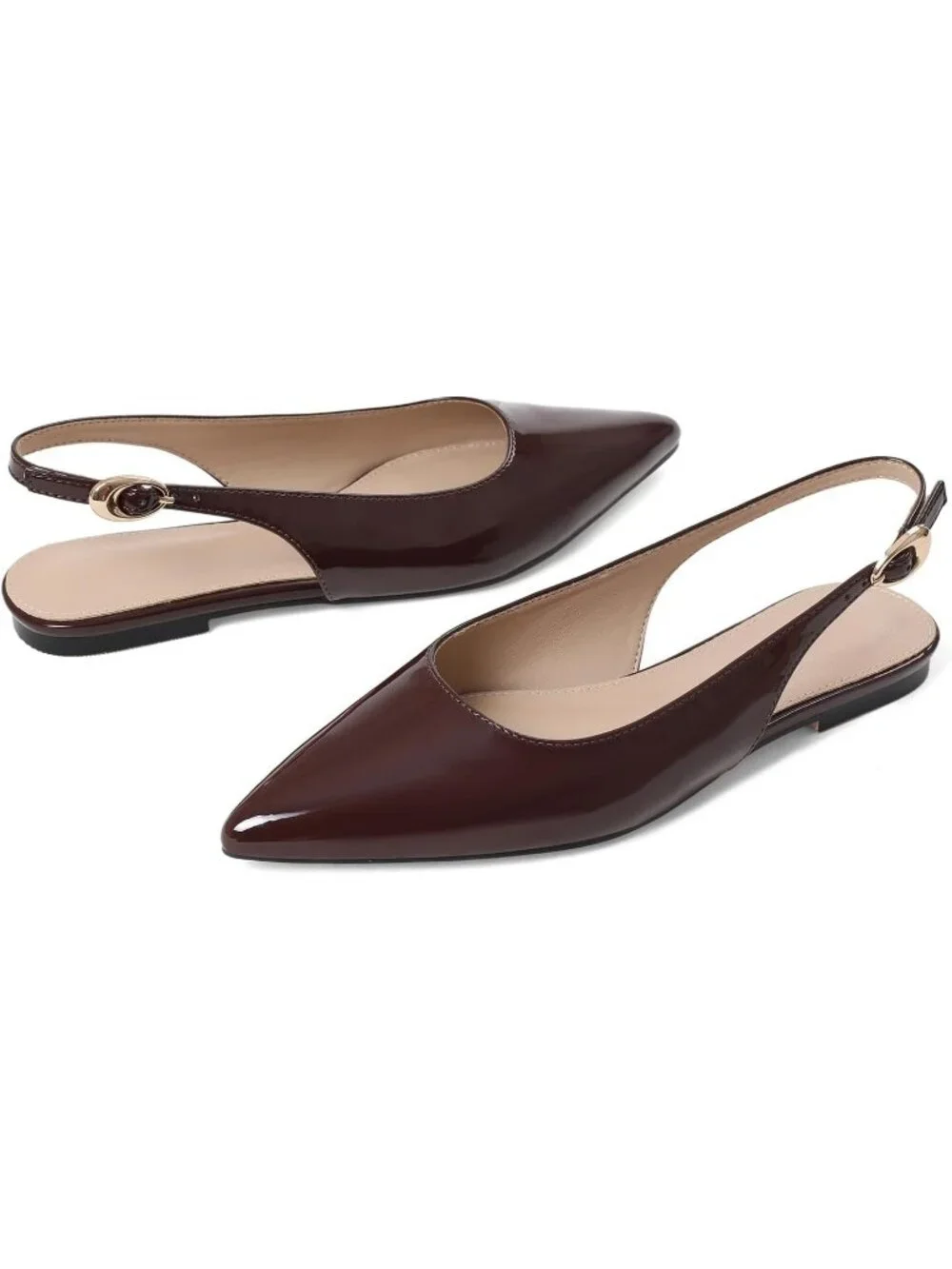 Women's Chocolate Leather Closed Pointed Toe Ballet Flat Adjustable Buckle Shoes